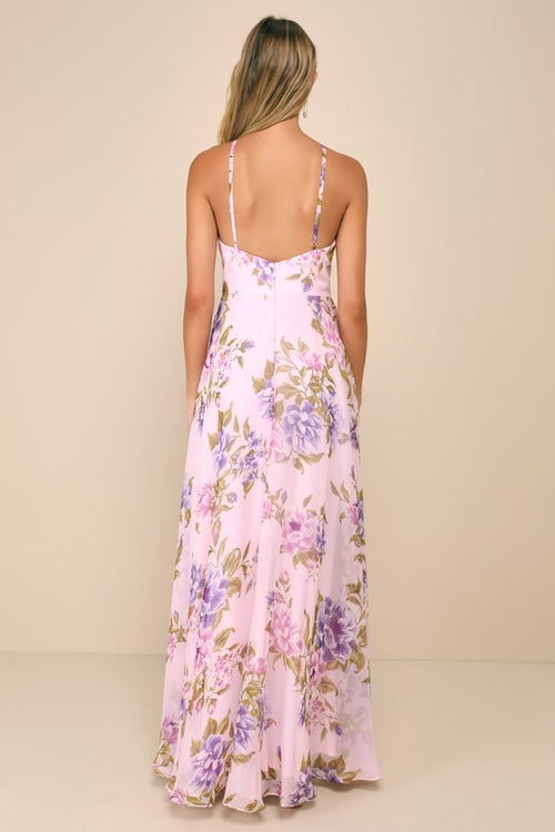 Romantic Marvel Light Pink Floral Print Halter Neck Maxi Dress