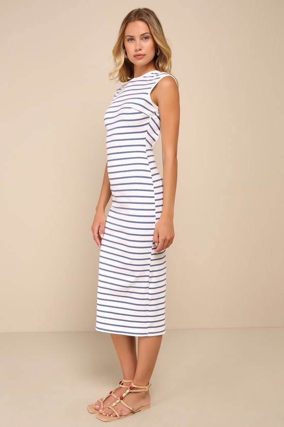 Chic Existence Ivory and Blue Striped Backless Midi Dress