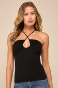 Summery Ideal Black Ribbed Cross-Front Cutout Halter Top