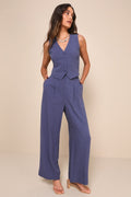 Suits You Perfectly Dark Blue Linen Wide-Leg Pants