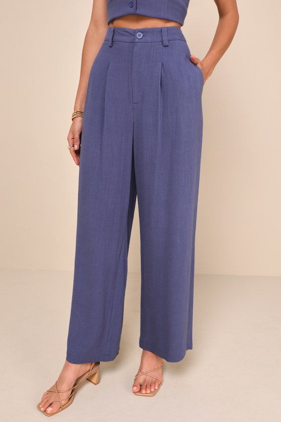 Suits You Perfectly Dark Blue Linen Wide-Leg Pants