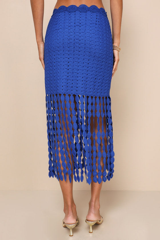 Getaway Icon Royal Blue Textured Fringe Midi Skirt