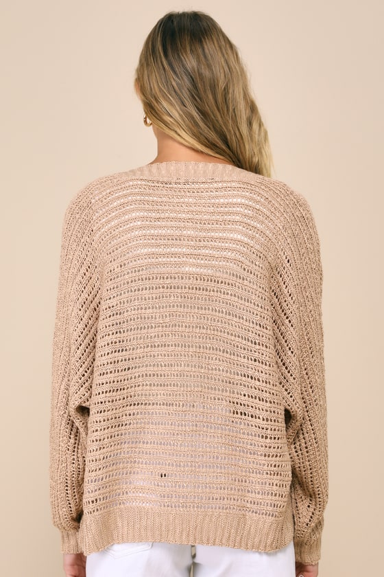 Evening Sweetie Tan Loose Crochet Sheer Cardigan Sweater