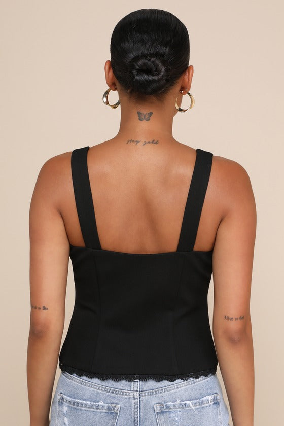Sweetly Coy Black Sleeveless Bustier Tie-Front Top