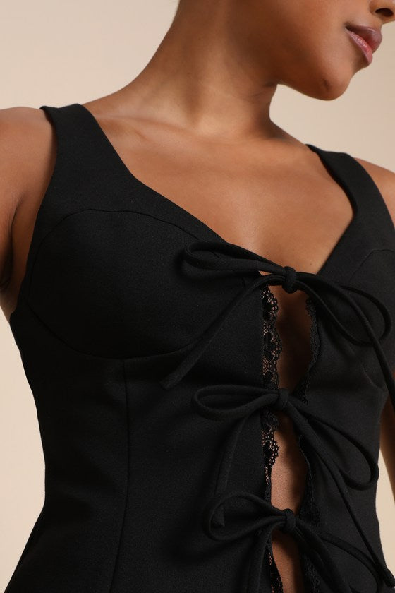 Sweetly Coy Black Sleeveless Bustier Tie-Front Top