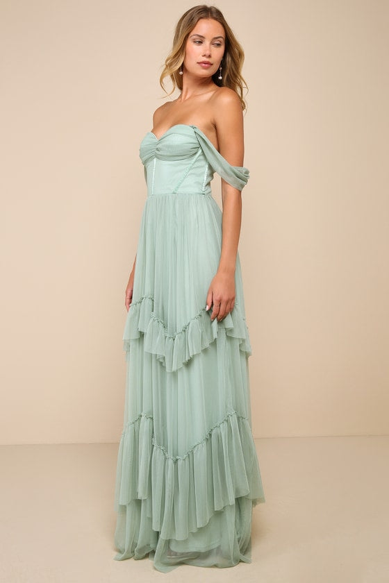 Stunning Personality Sage Green Mesh Off-the-Shoulder Maxi Dress