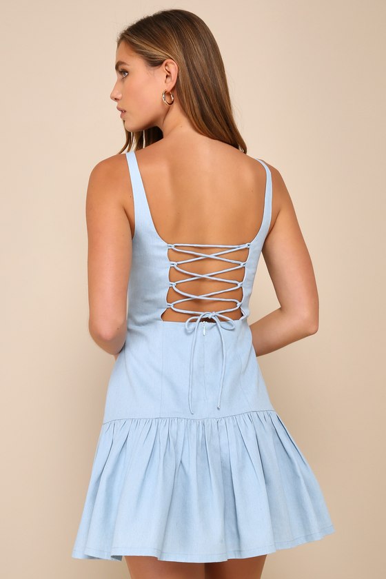 Adorable Concept Blue Lace-Up Backless Drop Waist Mini Dress
