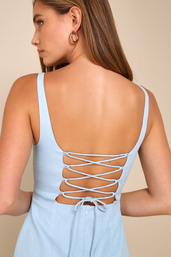 Adorable Concept Blue Lace-Up Backless Drop Waist Mini Dress