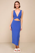 Divide and Contour Royal Blue Ribbed Cutout Bodycon Midi Dress
