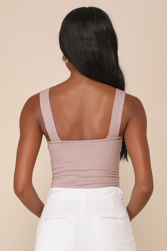 To Be True Ribbed Taupe Asymmetrical Sleeveless Bodysuit