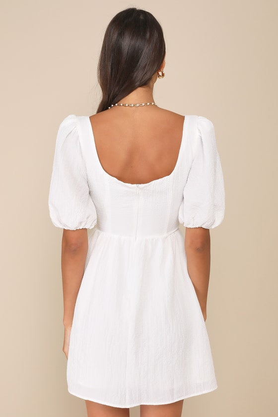 Little Bit In Love White Surplice Puff Sleeve Mini Dress