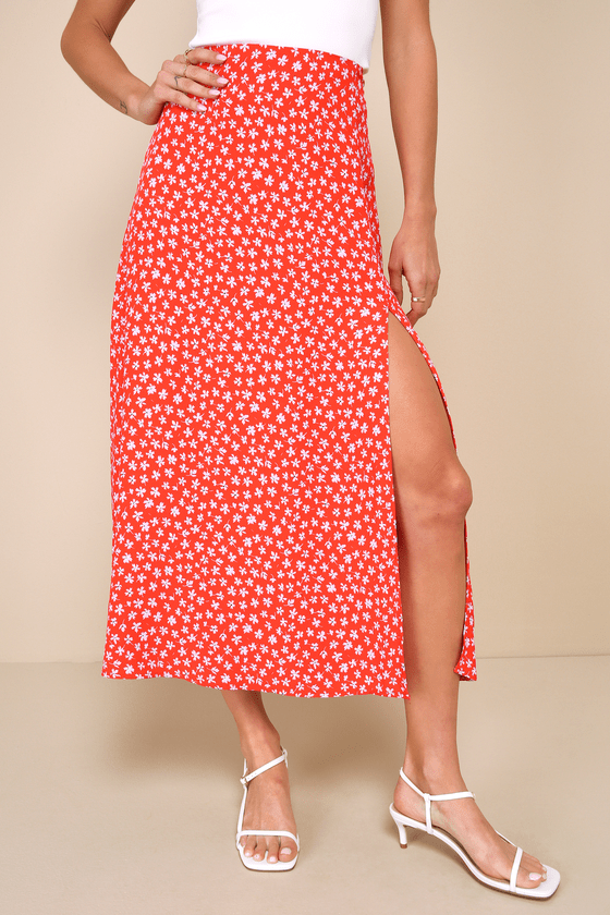 Cute Desires Red Ditsy Floral Print High-Rise Midi Skirt