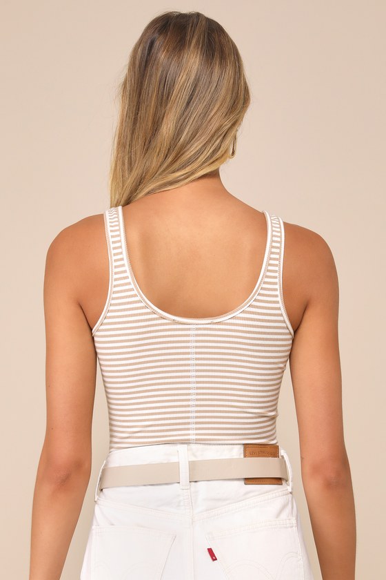 Keep It Classic Tan and White Striped V-Neck Bodysuit