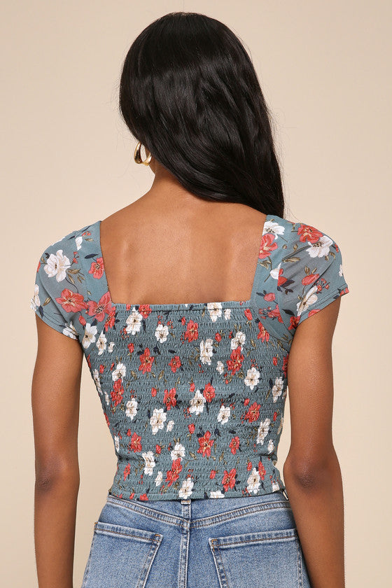 Sweeter Vibes Teal Floral Mesh Short Sleeve Bustier Crop Top