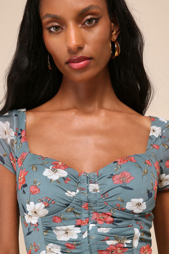 Sweeter Vibes Teal Floral Mesh Short Sleeve Bustier Crop Top