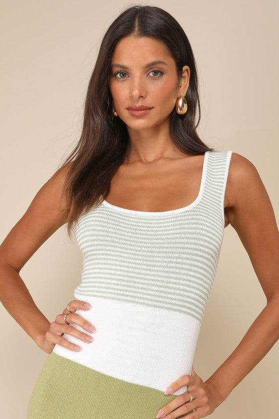 Easily Gorgeous Ivory and Sage Green Striped Midi Sweater Dress