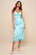 Total Crush Teal Floral Print Mesh Lace-Up Midi Dress