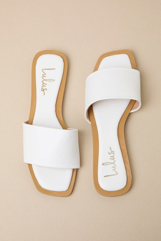 Brenner White Flat Square-Toe Slide Sandals