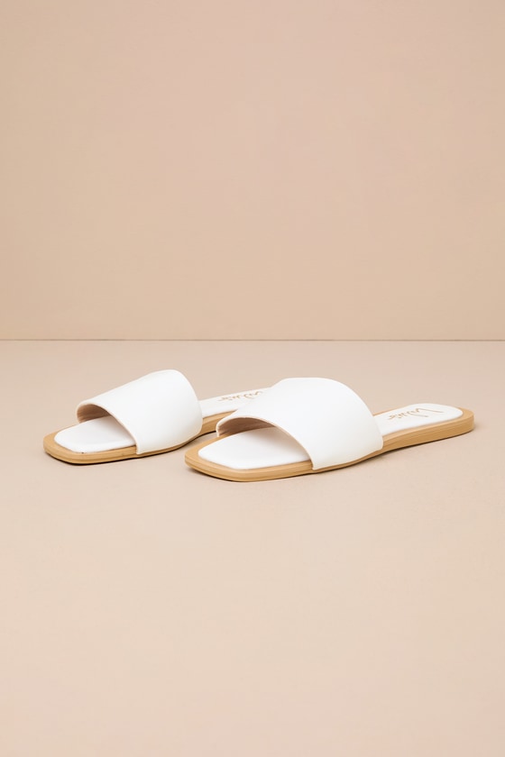 Brenner White Flat Square-Toe Slide Sandals