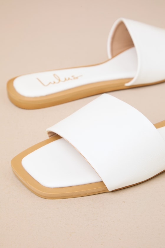 Brenner White Flat Square-Toe Slide Sandals