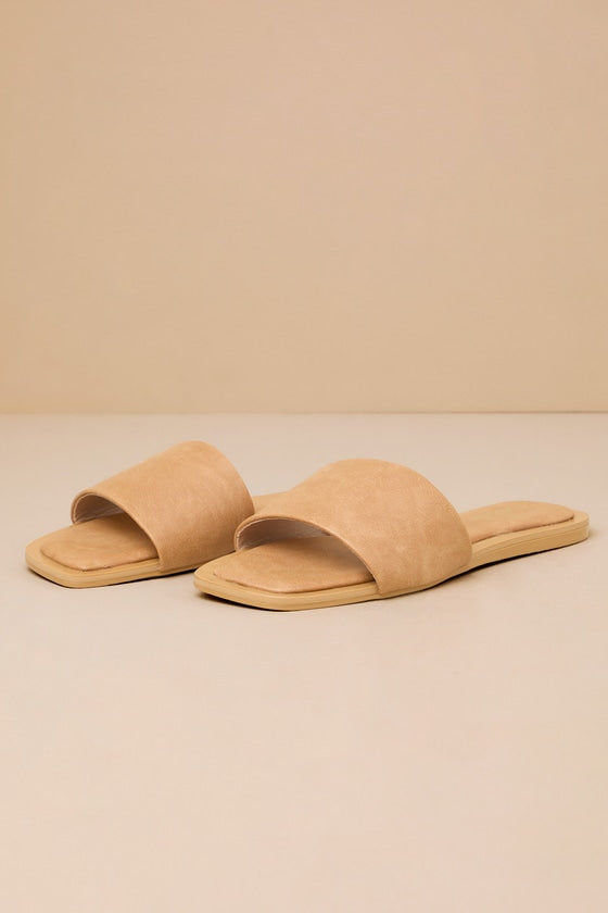 Brenner Camel Flat Square-Toe Slide Sandals