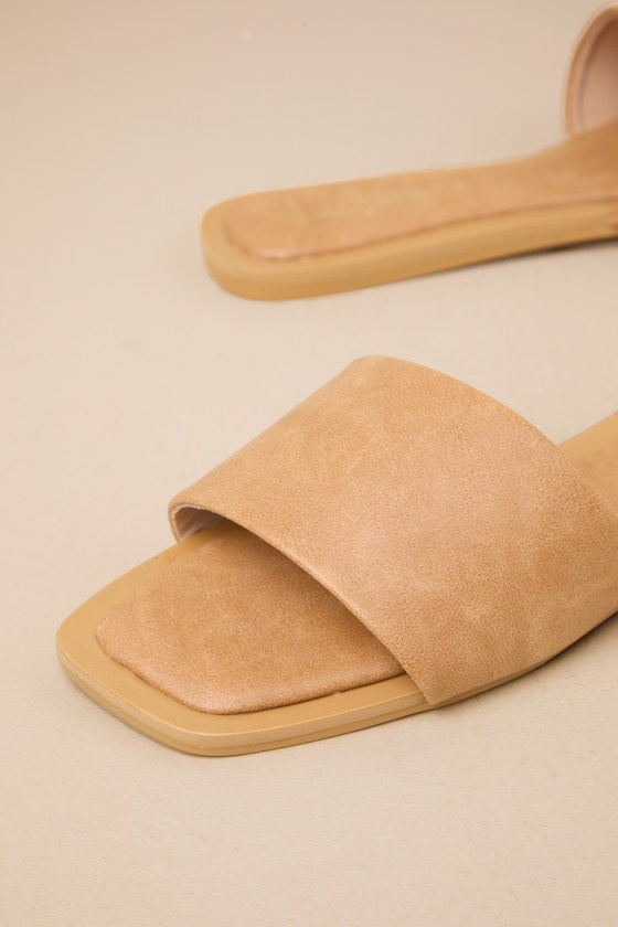 Brenner Camel Flat Square-Toe Slide Sandals