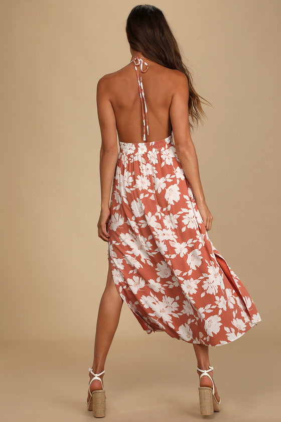 Follow the Summer Orange Floral Print Halter Midi Dress