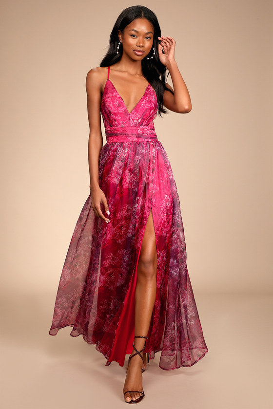 Romance That Wows Magenta Floral Print Organza Maxi Dress