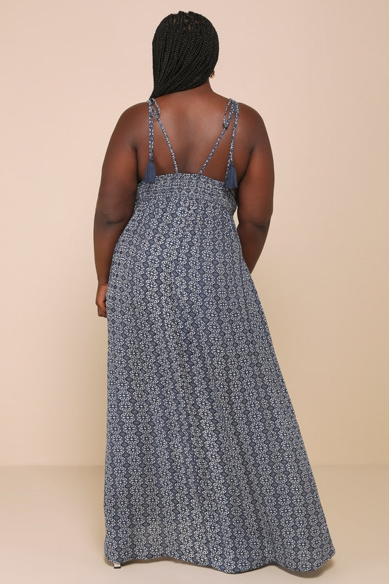 Field Day Navy Blue Print Tie-Strap Maxi Dress