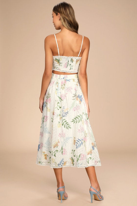 Sweet At Heart White Floral Embroidered Two-Piece Midi Dress