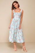 Darling Adoration Light Blue Floral Midi Dress With Pockets