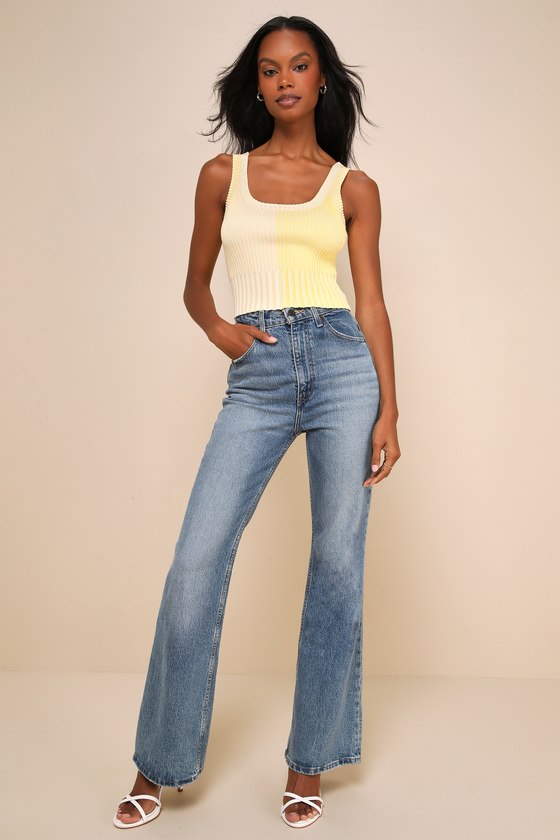 Made to Be Mod Yellow Color Block Ribbed Cropped Tank Top