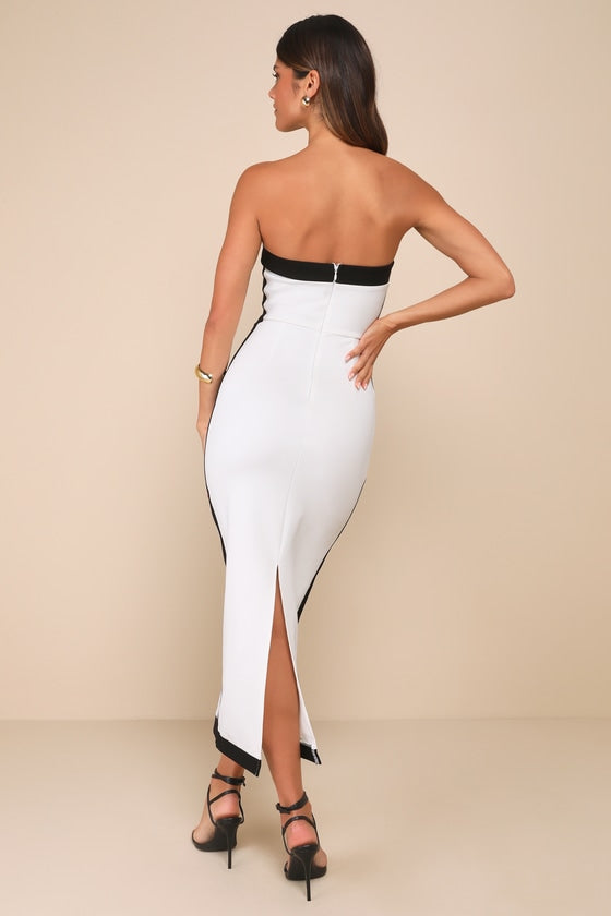 Impressive Edge White Color Block Strapless Midi Dress