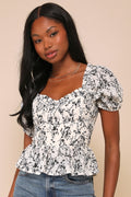 Sweetest Direction Ivory and Black Floral Puff Sleeve Top