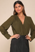 Sophisticated Aspect Olive Chiffon Surplice Long Sleeve Bodysuit