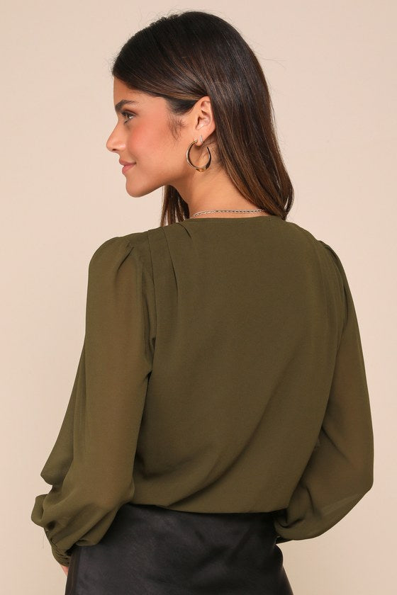 Sophisticated Aspect Olive Chiffon Surplice Long Sleeve Bodysuit
