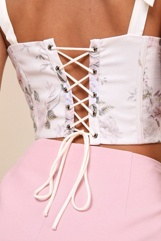 Attractive Darling Cream Floral Tie-Strap Lace-Up Bustier Top