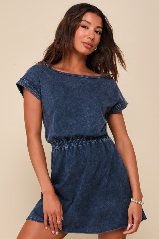 Definite Beauty Washed Dark Blue Short Sleeve Mini Dress