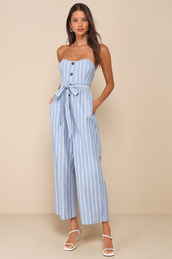 Sunny Day Classic Blue and White Striped Strapless Jumpsuit