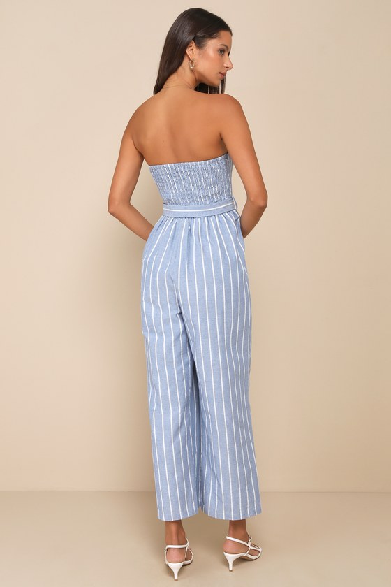 Sunny Day Classic Blue and White Striped Strapless Jumpsuit