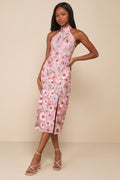 Unique Impression Pink 3D Floral Embroidered Halter Midi Dress