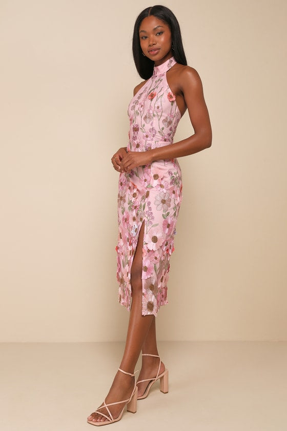 Unique Impression Pink 3D Floral Embroidered Halter Midi Dress
