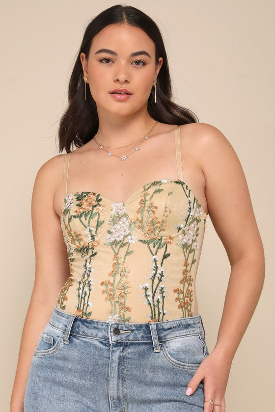 Essence of Elegance Beige Embroidered Bustier Bodysuit