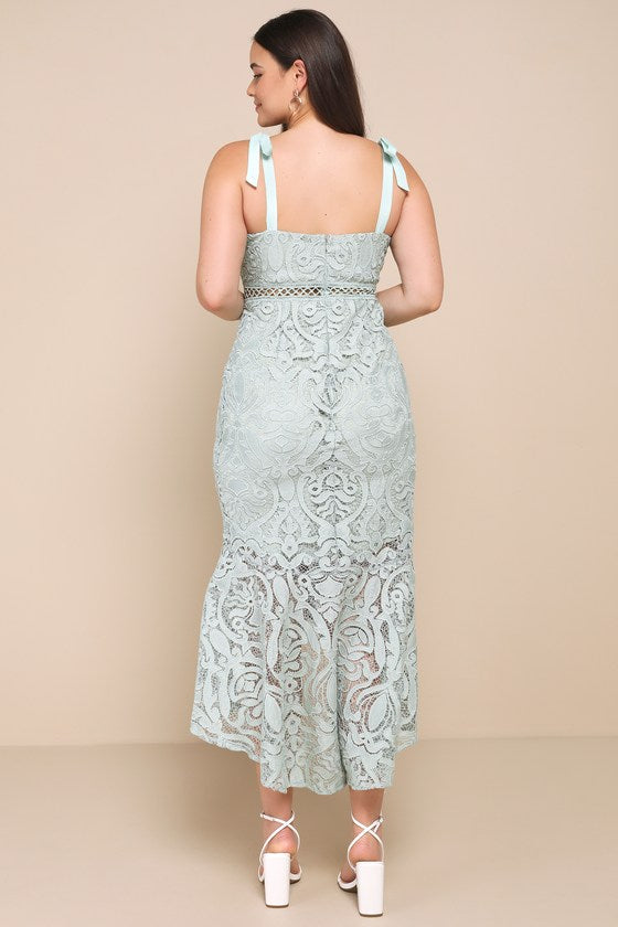 Won Your Heart Sage Green Lace Tie-Strap High-Low Midi Dress