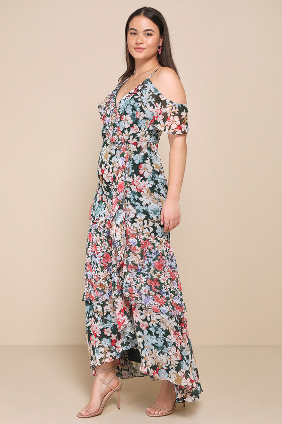 Radiant Hunter Green Floral Print Chiffon Maxi Dress