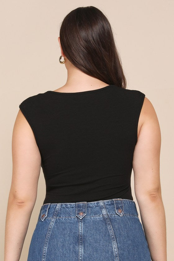 Sweet Crush Black Ribbed Square Neck Bodysuit