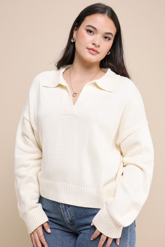 Cozy Forecast Ivory Collared Pullover Sweater