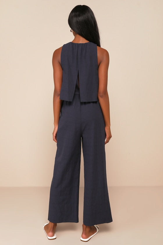 Breezy Sophistication Navy Blue Textured Wide-Leg Jumpsuit