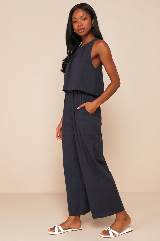 Breezy Sophistication Navy Blue Textured Wide-Leg Jumpsuit