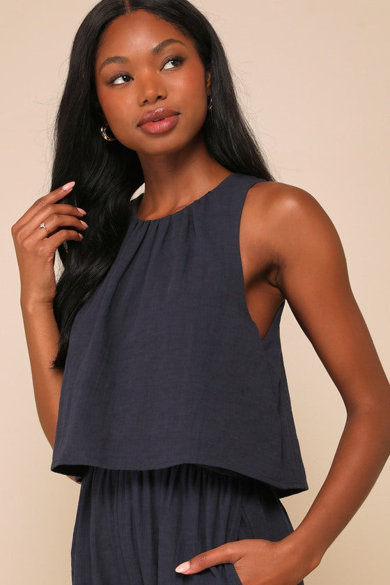 Breezy Sophistication Navy Blue Textured Wide-Leg Jumpsuit